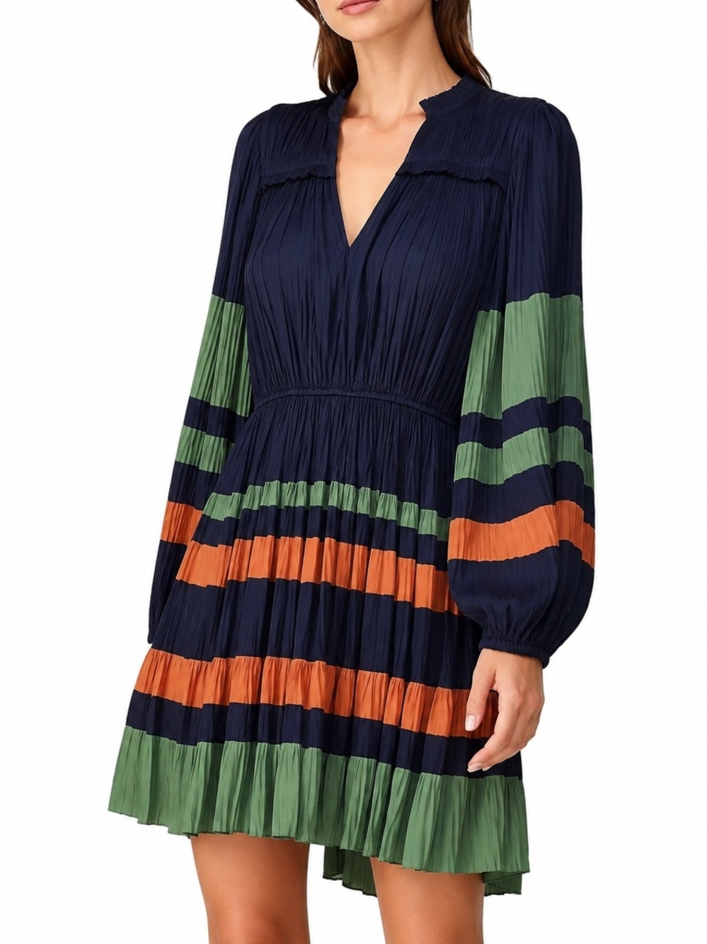 Ulla Johnson Navy Pleated Long-Sleeve Dress with Green & Orange Stripes Size 0